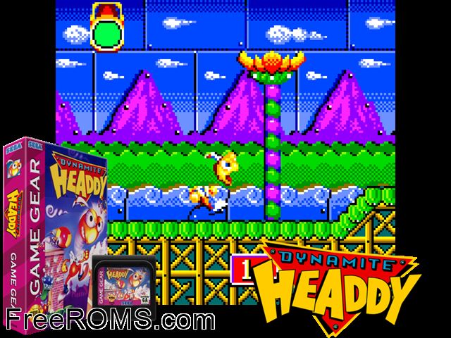 Dynamite Headdy alt Game Gear game showing 3D box cover and gameplay screenshot